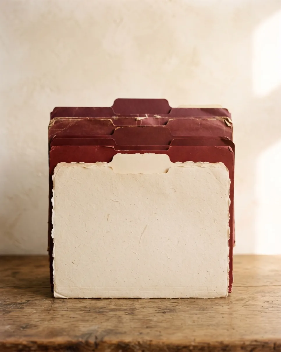 Stapel oxblood en crème archiefmappen op een houten tafel, Boekhouding prep met Claude