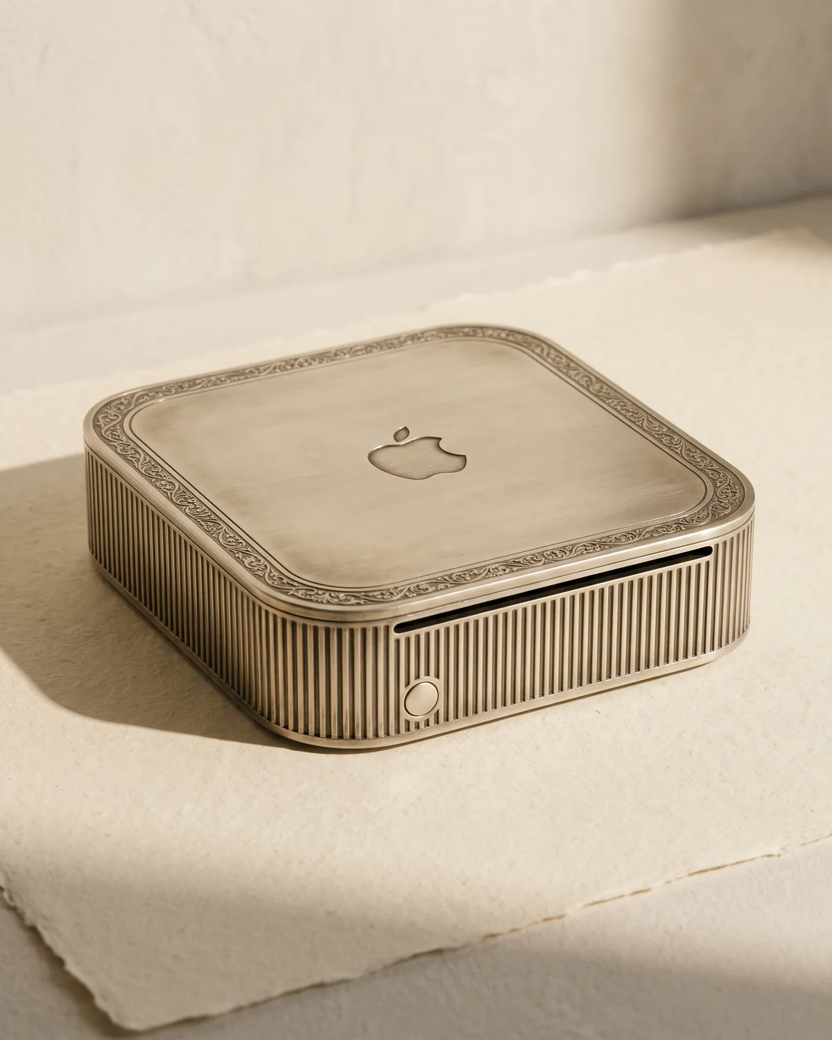 Mac mini in geborsteld messing op crème papier, De AI-Stack Gids