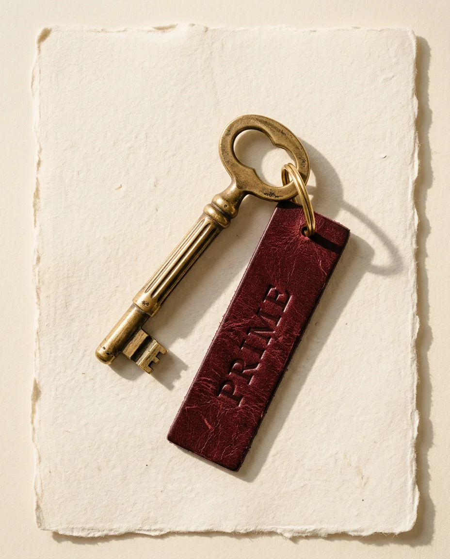 Messing sleutel met een oxblood leren label waarin 'prime' is geperst