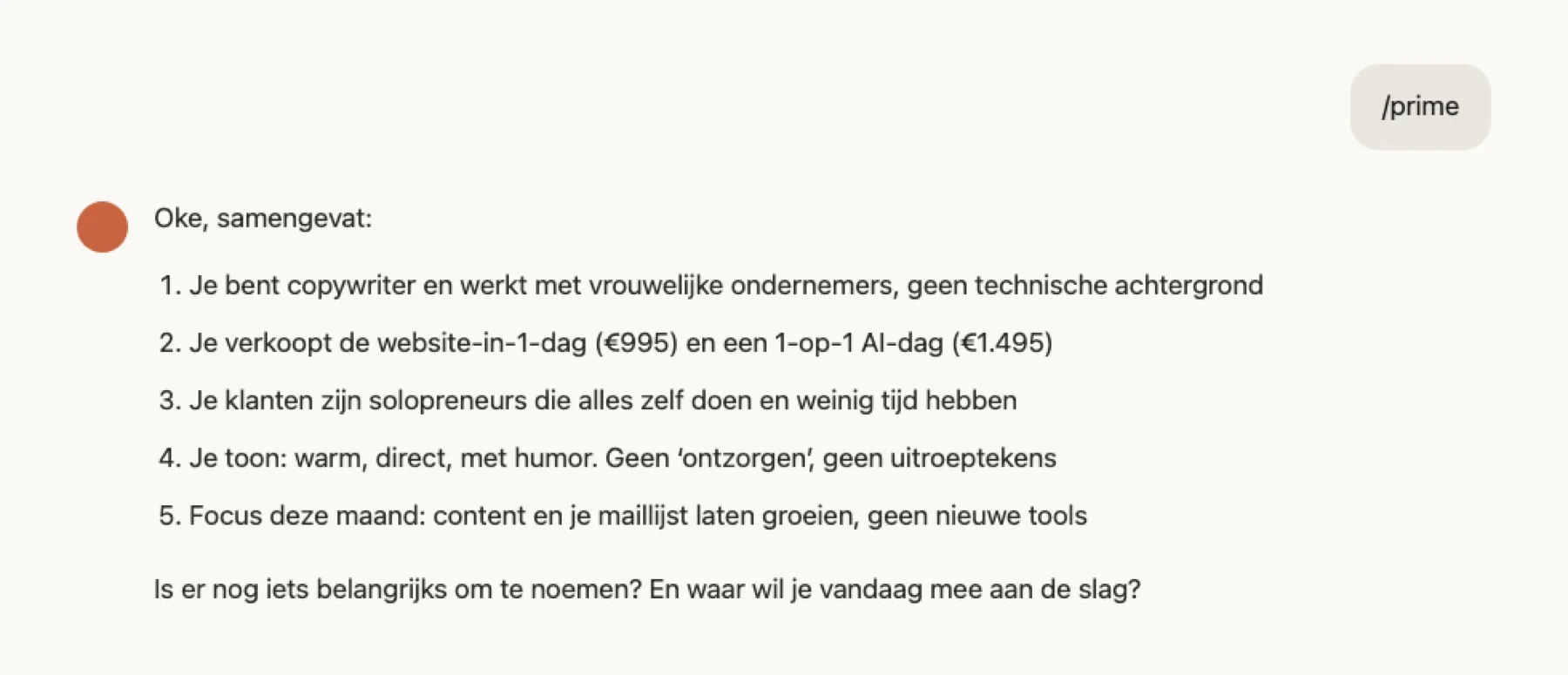 Voorbeeld van een prime-samenvatting: 5 regels plus de vraag of er nog iets belangrijks is