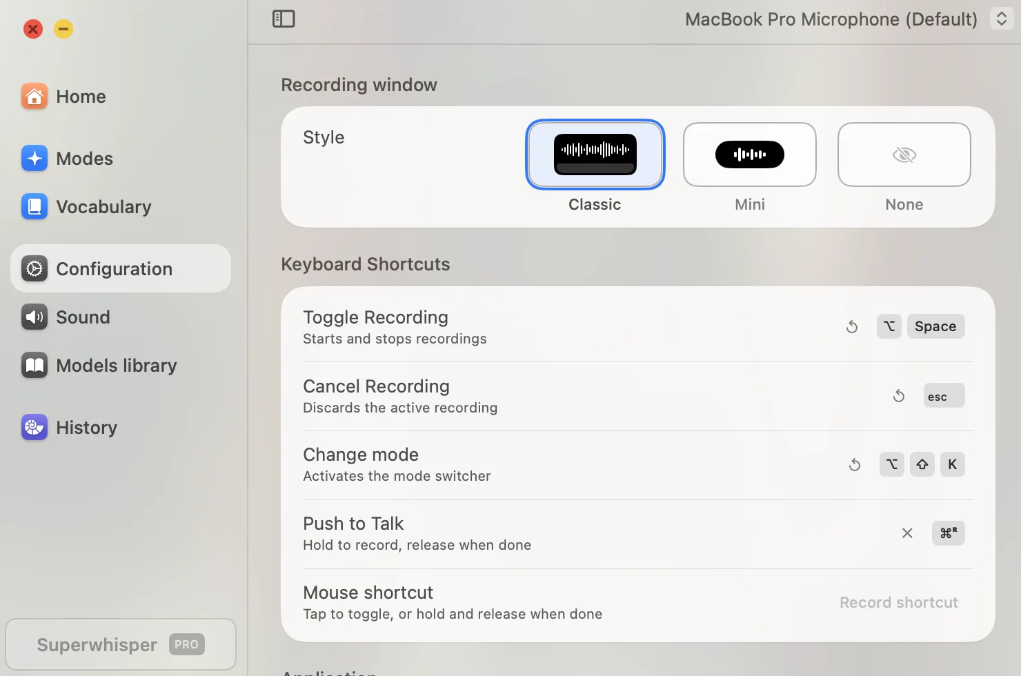 Superwhisper Configuration-scherm met de Keyboard Shortcuts: Toggle Recording en Push to Talk