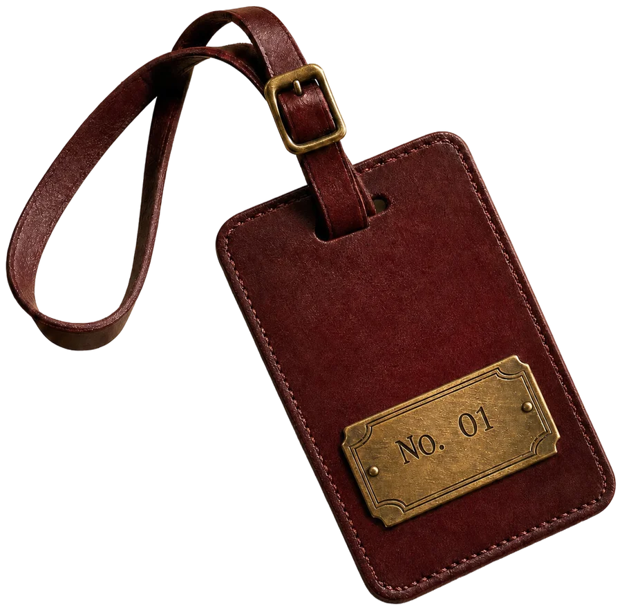 Oxblood leren koffertag met een messing plaatje 'No. 01'